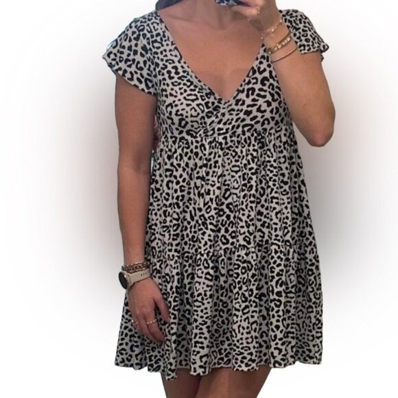 Jessica Simpson Leopard Print Tiered Mini Sundress with Flutter Sleeves - Picture 1 of 9